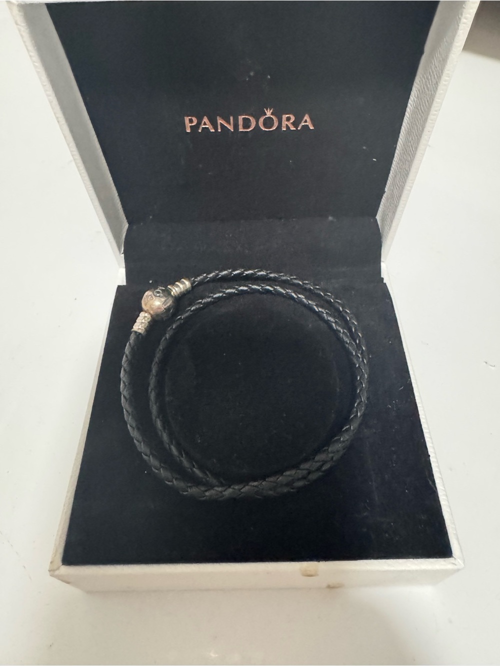 Pandora Black Braided Leather Double Wrap Bracelet with Silver Clasp